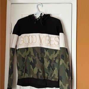Camouflage Hoodie with 'Good Vibes' Embroidery